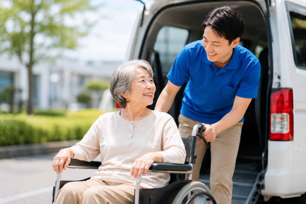 車いす利用者様を福祉車両までサポートするケアサポートドライバー。高齢者の日常生活や通院を支える送迎業務のイメージ