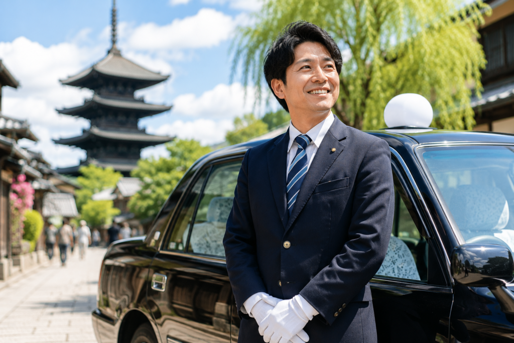 京都の街並みを背景に、タクシー車両のそばで笑顔を見せるタクシードライバーのイメージ画像。観光や地域のお客様の送迎を通じて、京都の魅力と日常の移動を支える仕事を表現した、求人本文用の写真。