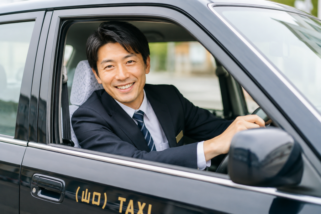 タクシー車内から笑顔でお客様を迎えるタクシードライバーの様子。無線・アプリ配車を中心に地域の移動を支える、隔日勤務タクシードライバーの仕事をイメージした求人画像