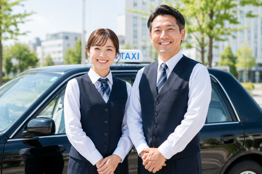 笑顔の男女タクシードライバーがタクシー車両の前に立つ様子。性別を問わず活躍できる職場環境と、地域に寄り添う送迎サービスをイメージしたタクシードライバー求人用画像。