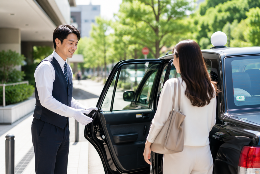 日勤タクシードライバーがお客様を笑顔でお迎えし、車のドアを開けて案内する様子を表現した求人イメージ画像。