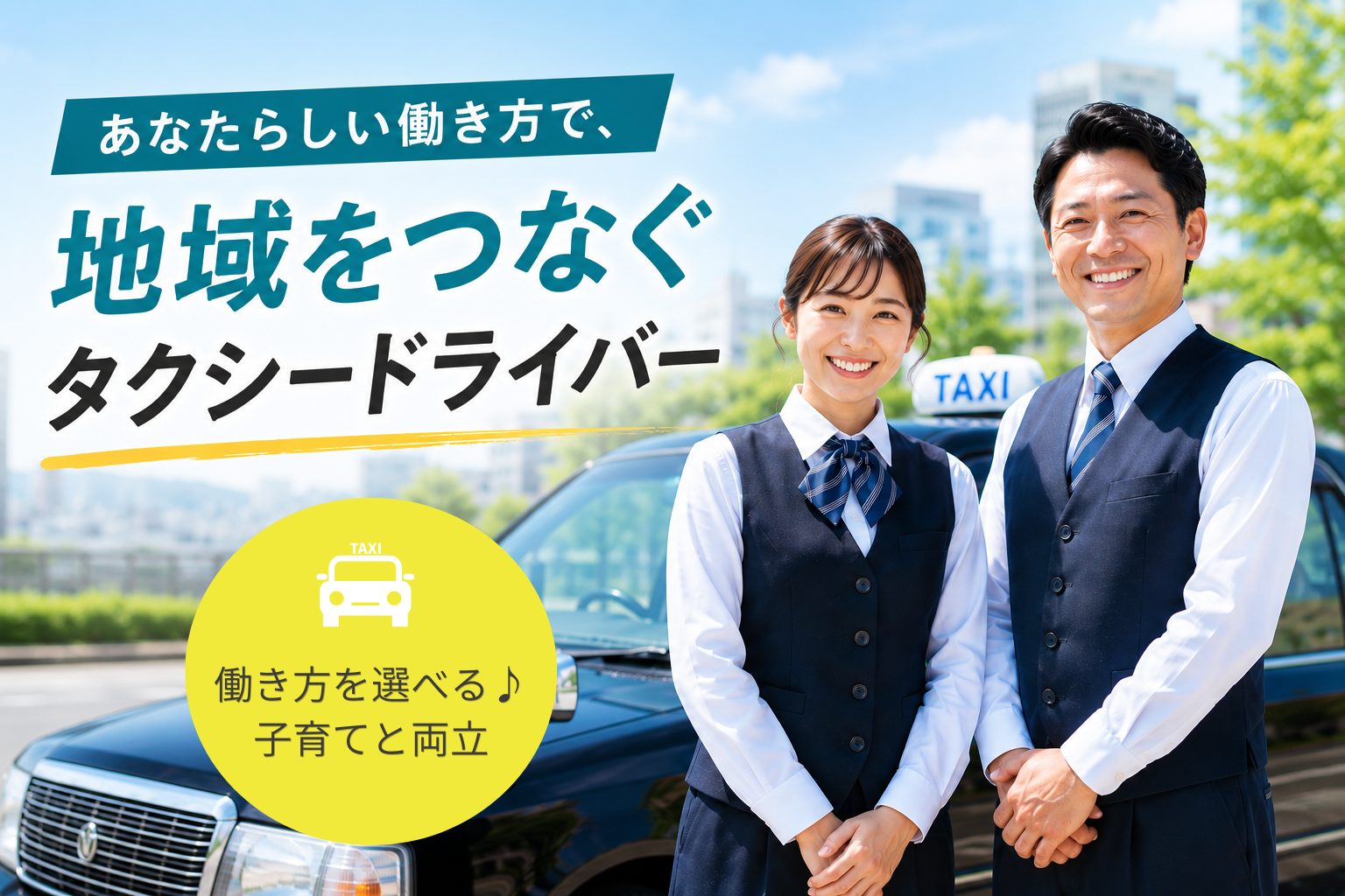 笑顔の男女タクシードライバーがタクシー車両の前に立ち、地域の暮らしを支える仕事をイメージした求人用アイキャッチ画像。性別を問わず活躍できる職場と、ライフスタイルに合わせて働ける環境を表現しています。
