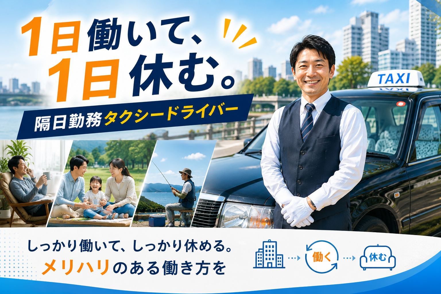タクシー車両と笑顔のドライバーを背景に、1日働いて1日休む隔日勤務の働き方を表現したタクシードライバー募集のアイキャッチ画像。