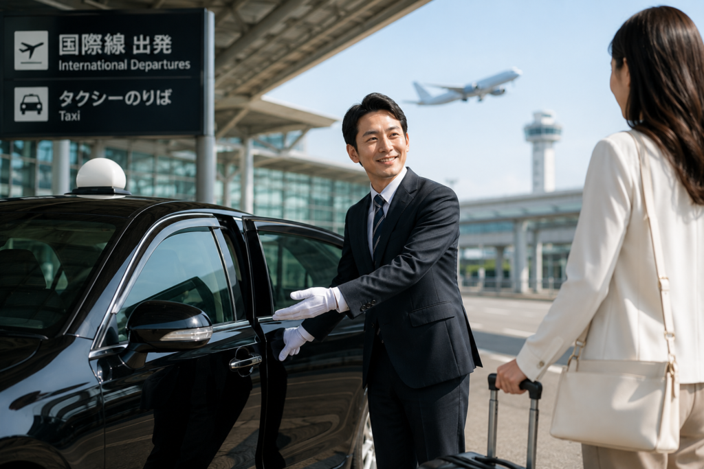 空港でスーツケースを持ったお客様をお迎えする予約制の空港送迎タクシードライバー