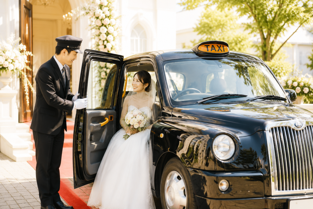 結婚式場のエントランス前で、ロンドンタクシーのドアを開けて花嫁様をお迎えする婚礼タクシードライバーの様子。赤いカーペットとブライダル装飾が彩る中、人生で一度の大切な一日を丁寧なおもてなしで支える婚礼送迎のイメージ画像。