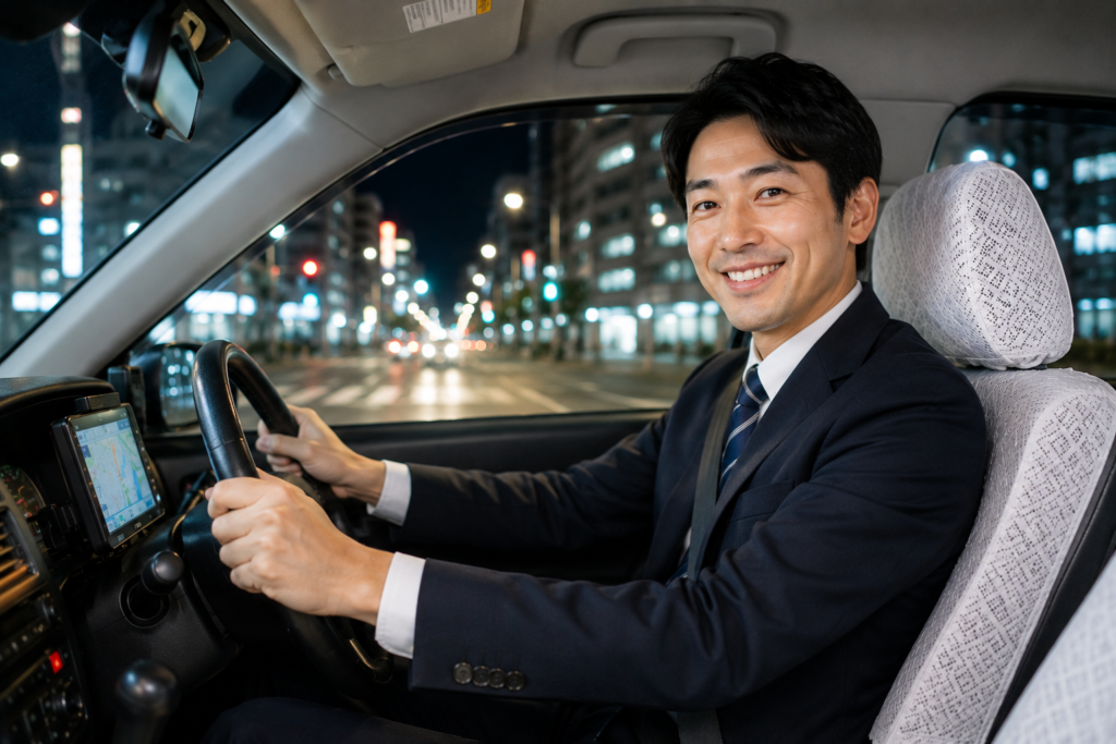 夜間にタクシー車内で運転するドライバーの様子。予約やアプリ配車中心の送迎業務を表現した求人画像