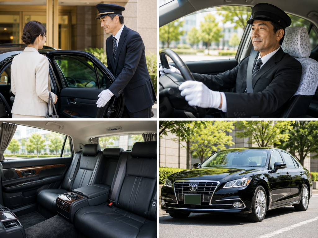 ハイヤードライバーの仕事風景を4分割で紹介。お客様のお迎えや送迎時の接客、運転中の様子、快適な車内空間、ハイヤー車両をまとめたイメージ画像。