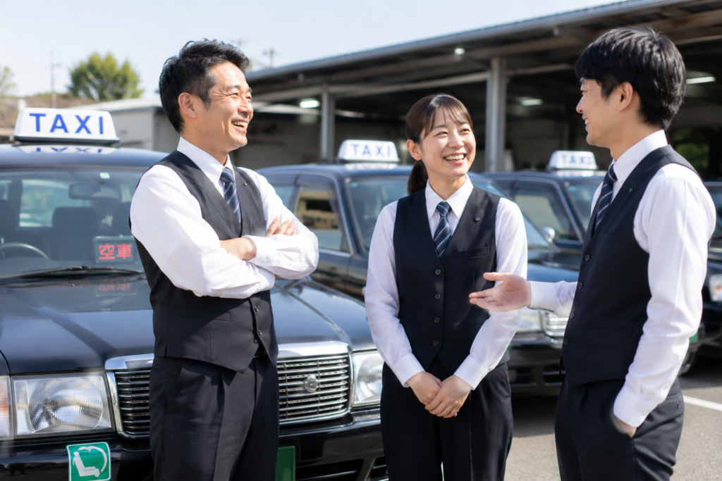 タクシー車両の前で笑顔で会話する男女3名のタクシードライバー。出庫前の自然なコミュニケーションを通じて、働きやすい職場環境やチームワークをイメージした求人用画像。未経験の方も安心してスタートできる雰囲気が伝わる一枚。