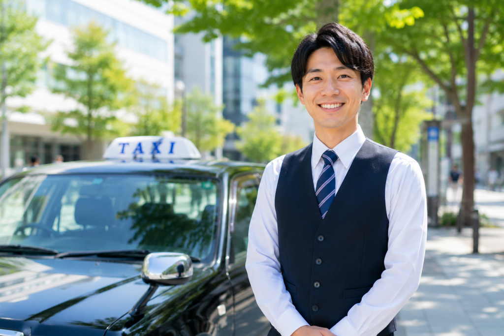 屋外でタクシー車両の前に立つ笑顔のタクシードライバー。地域のお客様の送迎を担う仕事のやりがいや、未経験から安心して始められるタクシードライバーの仕事をイメージした求人用画像。