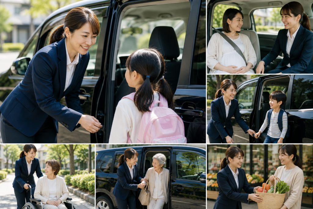 子育て応援ドライバーが保育園への送迎や妊婦さんの病院送迎、子育て世帯の移動をサポートしている様子