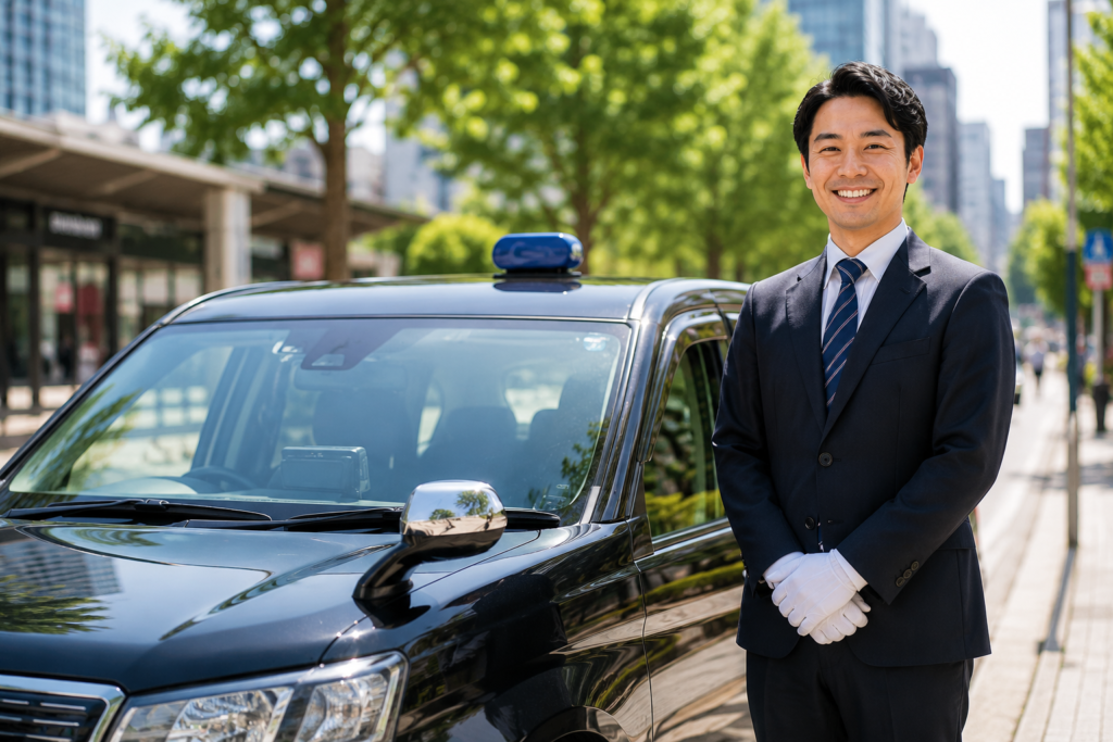 千葉市の街中でタクシー車両の前に立つ笑顔のタクシードライバー