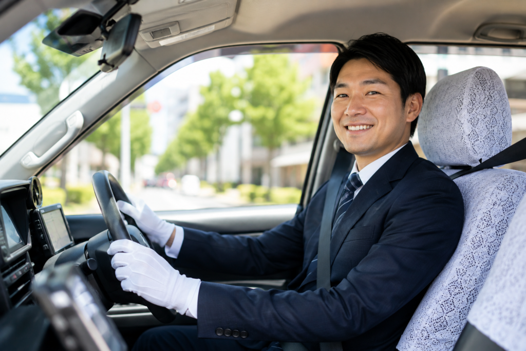 タクシーの運転席で笑顔を見せるタクシードライバーのイメージ画像