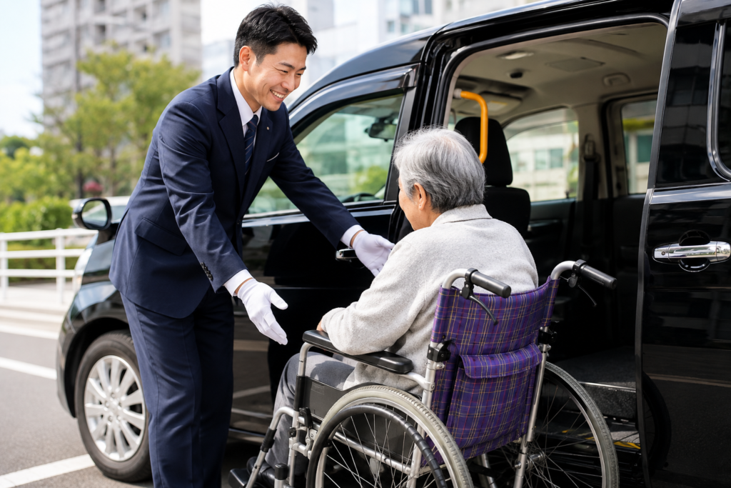 高齢のお客様の車いすでの乗車を笑顔でサポートするUDタクシードライバーの仕事風景イメージ