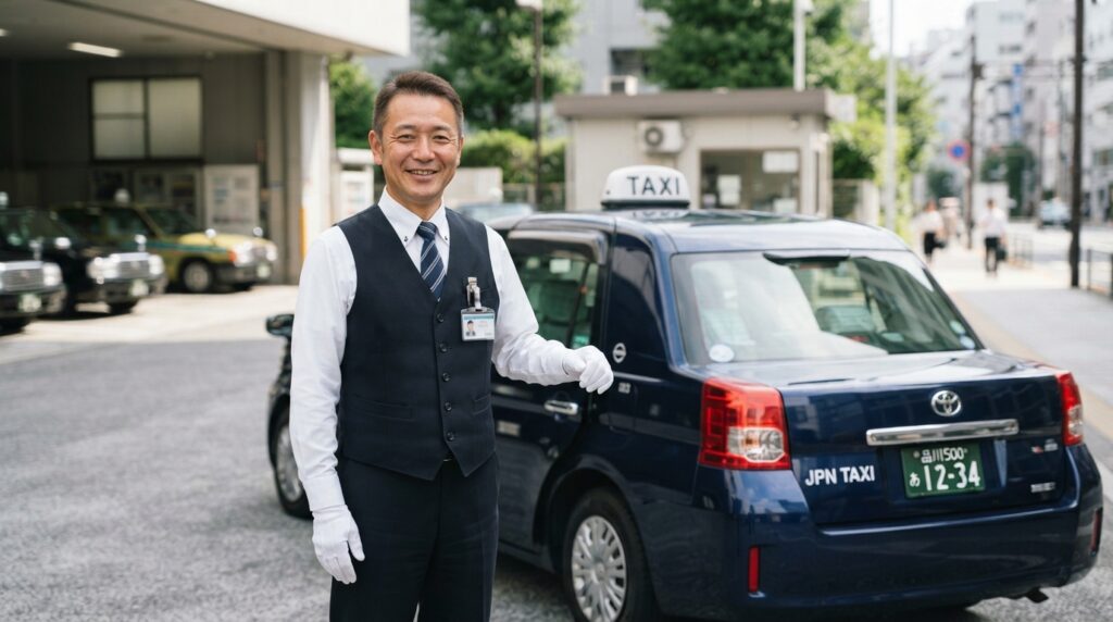 タクシーのそばで笑顔を見せる未経験から転職を目指すドライバーのイメージ画像