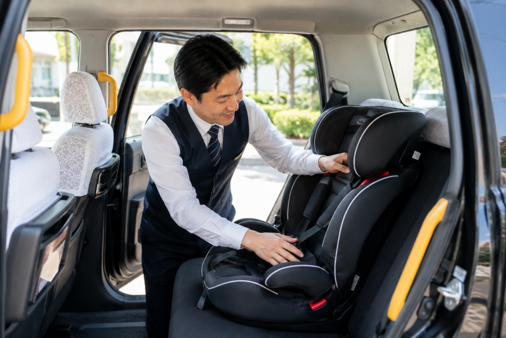 子育てタクシーの車内でチャイルドシートを確認・準備するドライバーの仕事風景